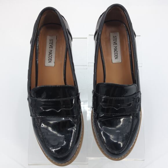 Steve Madden Patent Leather Penny Loafers Black Mellany Size 7 Stacked Heel - Picture 2 of 11